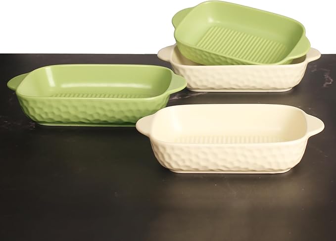 7" x 4.5" Rectangular Porcelain Baking Dish Set,Au Gratin Dishes,Casserole Dish, Ramekins 16 oz Bakeware Set of 2, Lasagna Pans for Cooking, Cake Dinner,Kitchen, Carry Handles Beige
