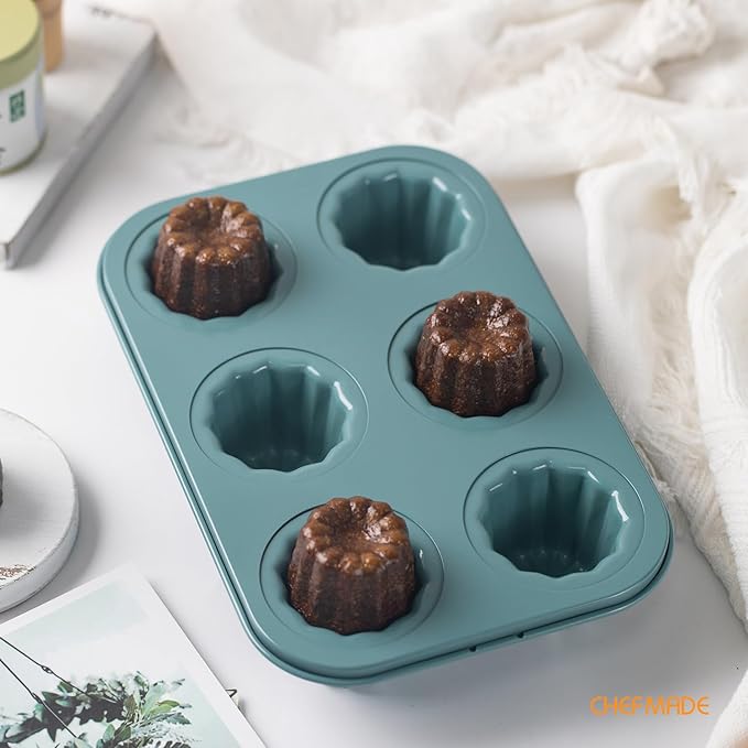 CHEFMADE Canele Mold Cake pan, 6-Cavity Muffin Pan, Non-Stick Cupcake Baking Pan Heavy Duty Carbon Steel Pan Muffin Tins Standard Baking Mold for Oven Baking（Green）