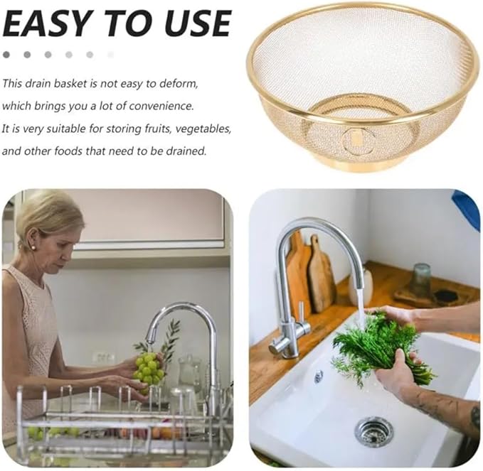 2-Pack Gold Stainless Steel Mesh Colander Set - Versatile Kitchen Strainers for Fruit, Sink, Rice - Fine Mesh Strainer Baskets for Efficient Food Drainage - Rust-Resistant and Durable