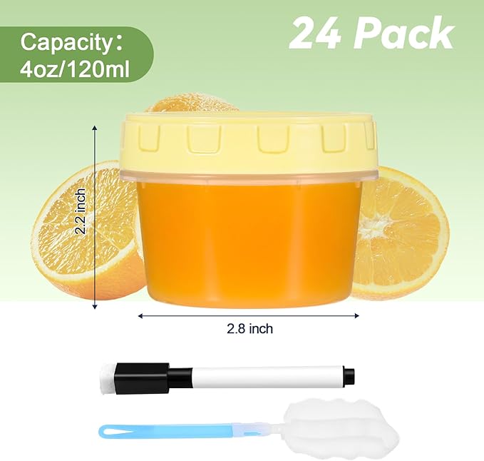 24 Piece 4 oz Plastic Food Storage Containers with Lids, Reusable Freezer Storage Containers, Small Meal Prep Containers with Pen and Brush, BPA-Free, Screw Top, Microwave & Dishwasher Safe