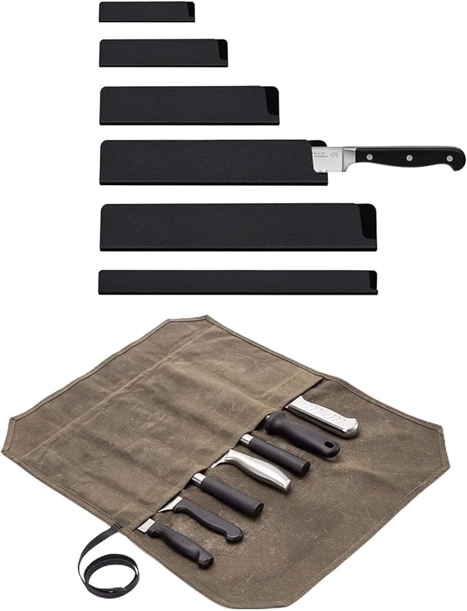 Chef’s Knife Roll Case &6 Packs Knife Edge Guard Set Universal Blade Covers ,Waxed Canvas Cutlery Knives Holders Protectors,Chef's Knife Roll Bag,Portable Travel Chef Knife Case Carrier Storage Bag