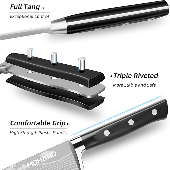 MDHAND Professional Chef Knife Set with Roll Bag, 9PCS Japanese Kitchen Knife Set with Sharpener, High Carbon Stainless Steel Kitchen Knives - Forged Triple Rivet, Dishwasher Safe, Chef Gifts, Black