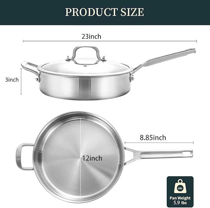 YEKSUM Stainless Steel Saute Pan, Tri-Ply Saute Pan 5QT, 12 Inch Deep Frying Pan with lids, Compatible with All Cooktops Up to 650℉, 3-layer Large Skillet with Stay Cool Handle, Induction Pan, Durable