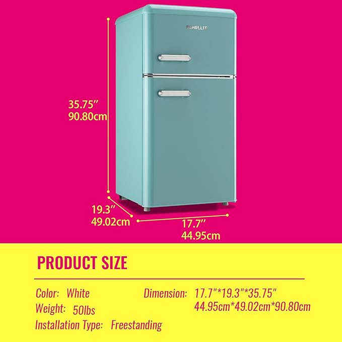 DEMULELR Retro Mini Fridge Dual Door Refrigerator with Freezer, 3.5 Cu.ft Small Refrigerator with Handle, Adjustable Temperature & Removable Glass Shelves, for Apartment/Dorm/Office/RV, BLUE