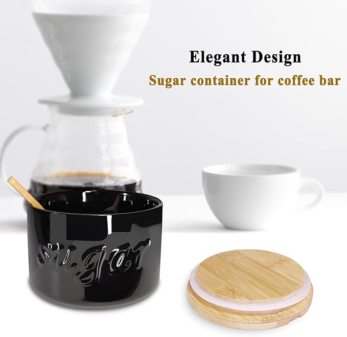 Sugar Bowl with Lid and Spoon, 16 OZ Airtight Sugar Container for Coffee Bar, Farmhouse Ceramic Jar, Sugar Holder Coffee Bar Accessories for Countertop, Black