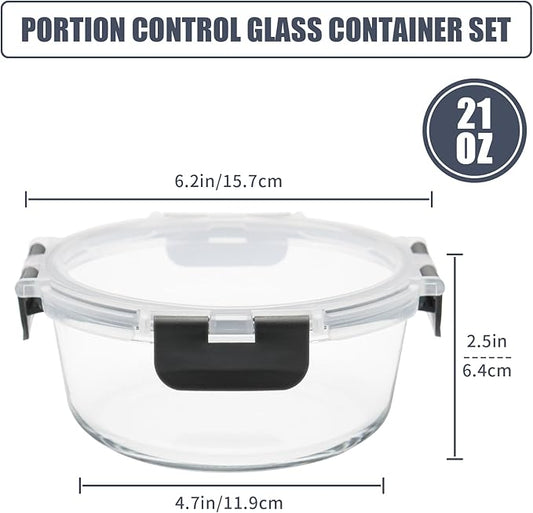 6 Pack Glass Food Storage Containers with Lids, Ideal for Meal Prep, Leftovers, Freezer to Microwave Safe (Grey, 21oz)