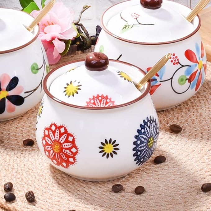 Ceramic Sugar Bowls with Spoons, Salt Jar Seasoning Container with Lid for Home and Kitchen (XYH)