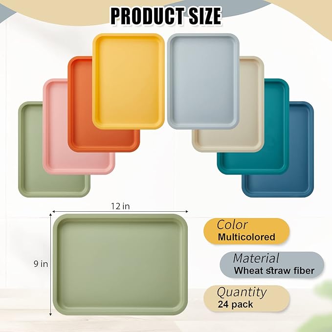 Mumufy Plastic Fast Food Trays Bulk Colorful Restaurant Serving Trays Cafeteria Rectangular Plastic Serving Platter Grill for Kitchen Restaurant Coffee(Elegant Color,24 Pcs)