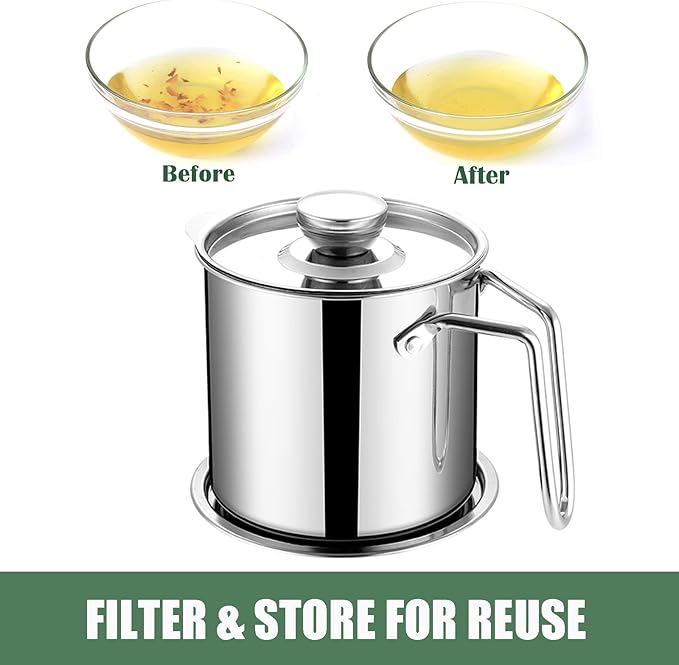 DIY HOME Bacon Grease Container, 1.8L / 61fl oz Cooking Oil Storage Strainer Oil Filter with Fine Mesh Strainer 304 Stainless Steel Grease Can for Kitchen Fat Storage