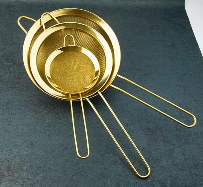 Three-piece Suit Baking SiftersWire ExtraMesh Strainer with Handle Oversized Extended Handle Stainless Steel Sieve Fine Mesh Strainers for Kitchen Rice Juice Quinoa Food Flour Baking(Golden)