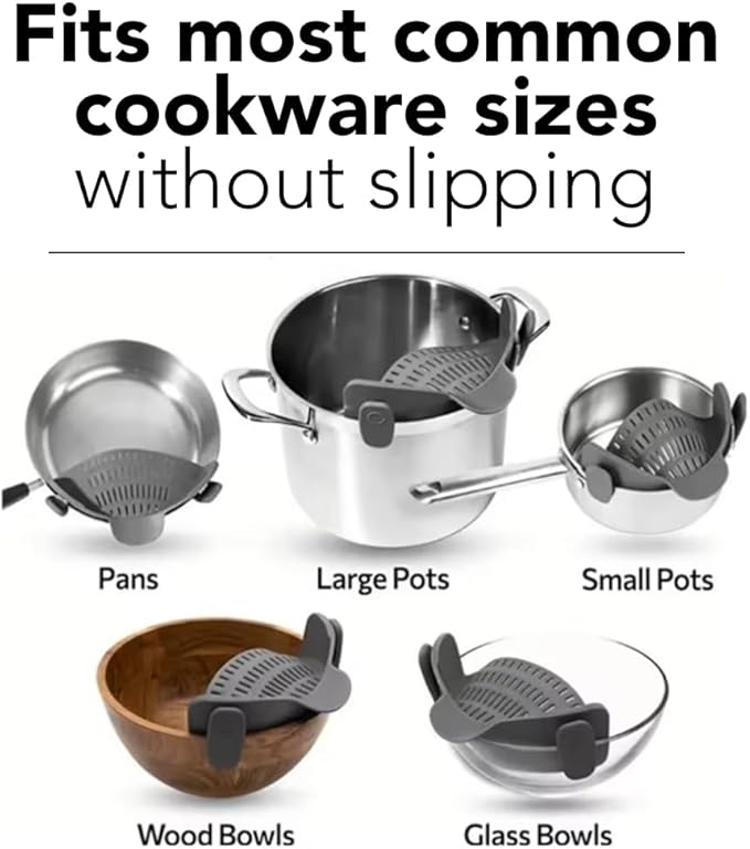 Clip‑On Pot Strainer Silicone Black Dishwasher‑Safe Side‑Mount Design 9.4×4.6×2.5 Inches | Snap Drain Colander for Pans Bowls Skillets | Heat‑Resistant Kitchen Gadget Splash‑Guard