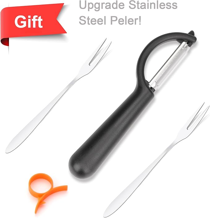 4.72 Inch 12 Super Sharp Stainless Steel Blades Apple Slicer, Corer and Divider, 1 Super Sharp Peeler, 2 Fruit Forks and 1 Orange Citrus Peeler Tool, Red