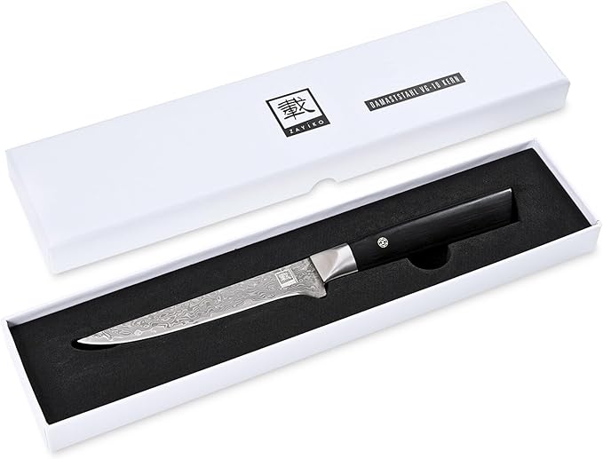 zayiko Black Edition Damascus Filleting Knife Boning Knife | 14 cm blade made of 67 layers of VG10 Damascus steel | Pakkawood handle | Kitchen knife for boning and paring meat | Elegant gift box