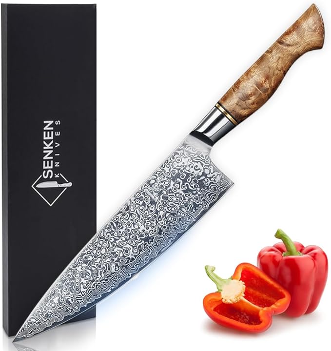SENKEN 8" Damascus Steel Chef's Knife - Dynasty Collection - 67-Layer Japanese VG10 Steel with Sycamore Wood Handle, Razor Sharp Double Bevel 15° Edge