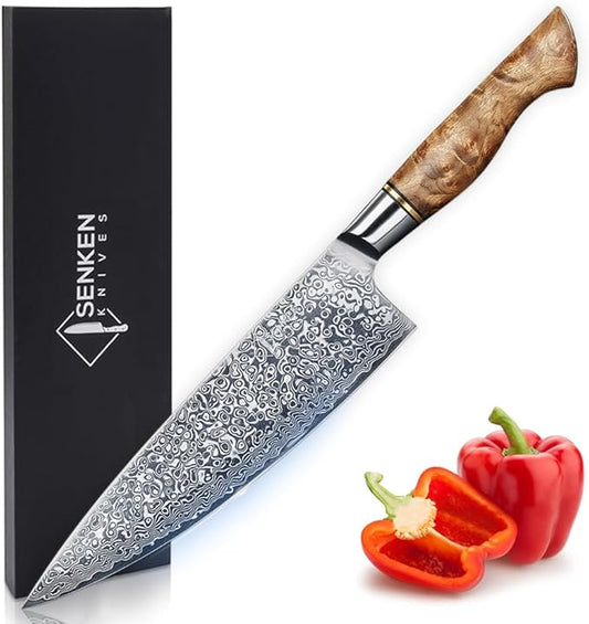 SENKEN 8" Damascus Steel Chef's Knife - Dynasty Collection - 67-Layer Japanese VG10 Steel with Sycamore Wood Handle, Razor Sharp Double Bevel 15° Edge