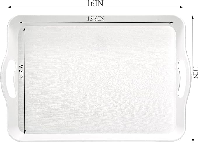 Cedilis 3 Pack Serving Trays with Handles, 16 x 11IN Food Serving Tray, Rectangular Plastic Stackable Tray for Restaurant, Parties, Coffee Table, Kitchen (White)