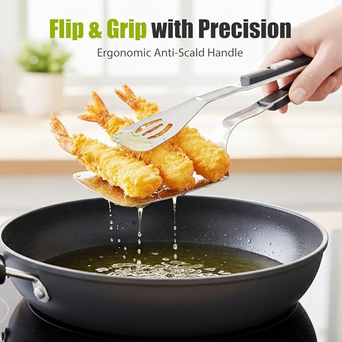 Stainless Steel Grill Clamp, 2026 Upgraded Multifunctional Frying Spatula, Rubber-Grip Tongs-Spatula, Perfect for Grilling, Cooking, Frying, and Griddling (4)
