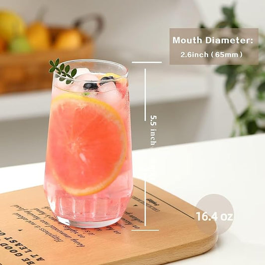 Drinking Glasses Set of 4, 16.4 oz Clear Glass Tumbler, Water Glasses for Beer, Juice, Mojito, Iced Tea, Dishwasher Safe Glassware,Gifts