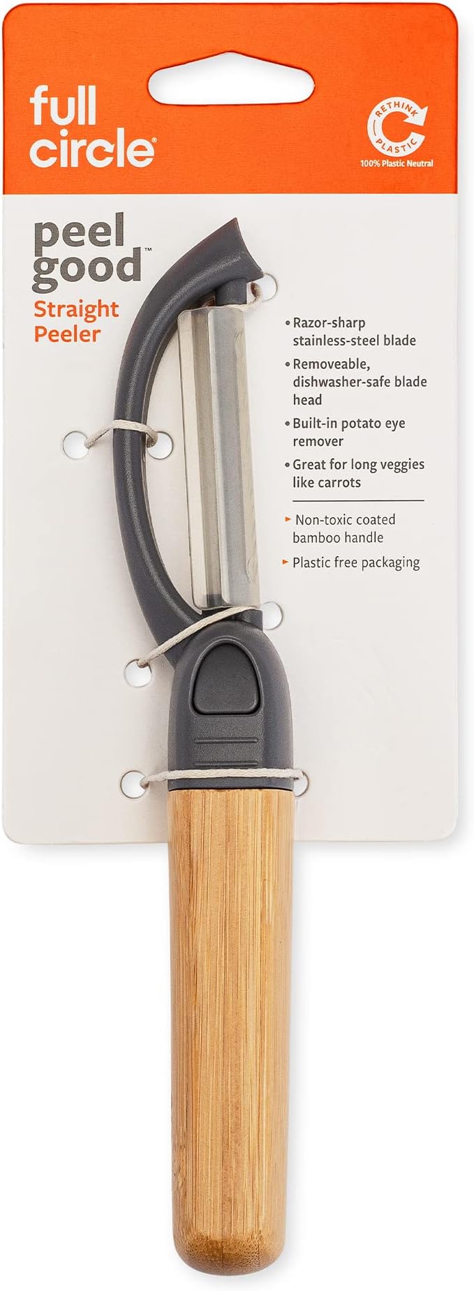 Full Circle Peel Good Collection Straight Peeler – Bamboo and Stainless Steel Fruit and Vegetable Peeler – Removable Swivel Head - Kitchen Tool for Carrots, Apples, Potatoes and More