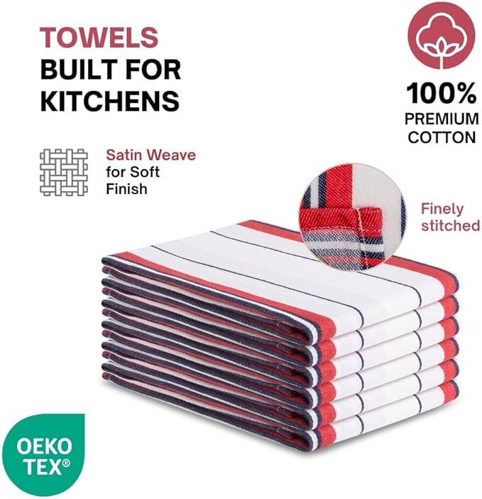 Kitchen Towel Set of 6, 100% Cotton Quick-Drying Absorbent Dish Towels & Tea Cloths, 20x30 Inch Decorative Farmhouse Towels for Kitchen, Pink Navy White Stripes