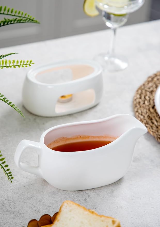 Nucookery Large 20 Oz Gravy Boat with Warmer, White Fine Porcelain Saucier with Big Dripless Lip Spout, Gravy Bowl for Thanksgiving, Warming Sauces, Salad Dressings, Microwave & Freezer Safe(Set of 2)