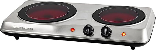 OVENTE Countertop Infrared Double Burner, 1700W Electric Hot Plate and Portable Stove with 7.75" and 6.75" Ceramic Glass Cooktop, 5 Level Temperature Setting and Easy to Clean Base, Silver BGI102S
