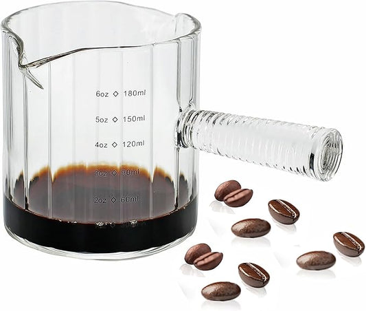 Glass Espresso Cup 6 OZ, Double Shots Measuring Cup with Glass Handle for Dishwasher Safe, Double V-Shaped Spout Milk Frothing Pitcher, Espresso Accessories for Machine, Demitasse Cups
