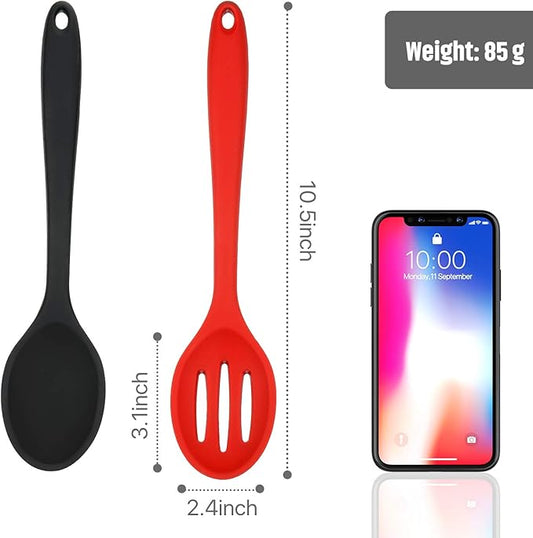 Boao 4 Pcs Silicone Spoons for Cooking 10.6 Inch Large Nonstick Serving Spoons Heat Resistant Slotted Spoon for Mixing & Stirring Kitchen Cooking Utensils, Dishwasher Safe(Red, Black)