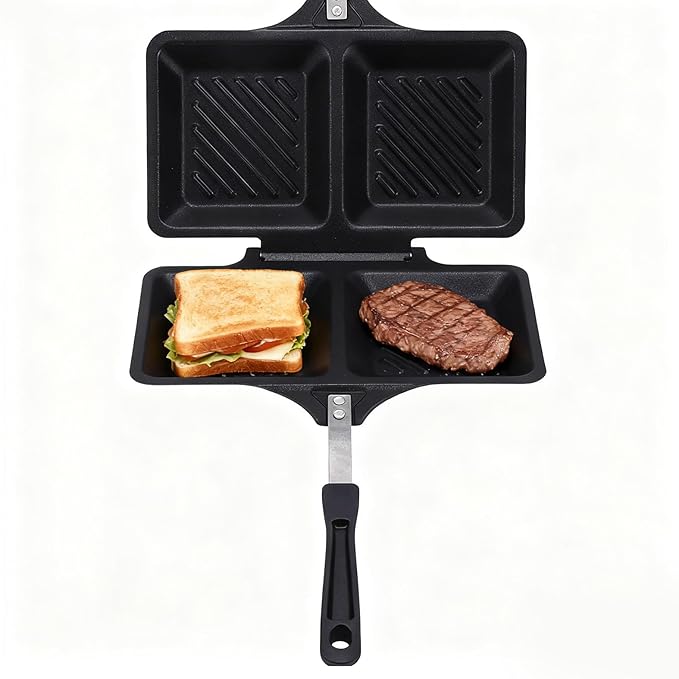 BAFOVY Sandwich Press Pan, Double Sided Non Stick Grilled Stovetop Panini Maker, Square Iron Design, for Home Kitchen (Black)