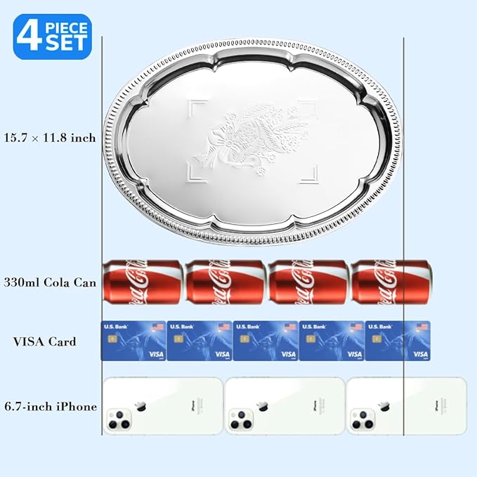 4-Pack 15.7" x 11.8" Large Silver Serving Trays for Party Set - Oval Floral Engraved Serving Platters, Wedding Birthday Mirror Tray for Valentine's Day, Food, Appetizer, Charcuterie, Cookies, Desserts
