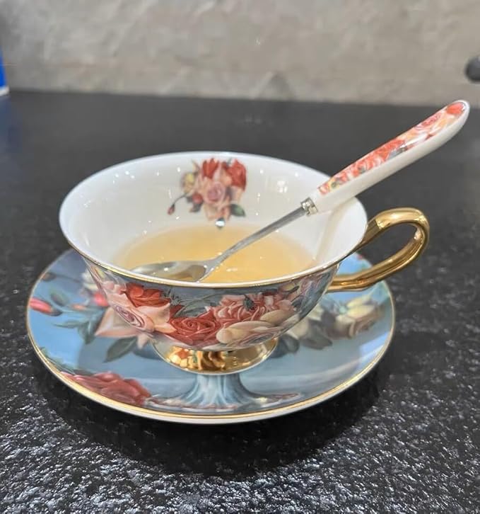 YBK Tech Euro Style Bone China Cup& Saucer Set, Ceramic Tea Coffee Cup for Home Kitchen Wedding (Vintage Rose Pattern)