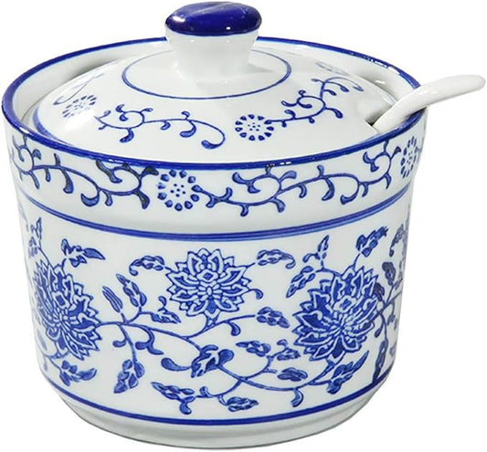 123Arts Ceramic Sugar Bowl Flower Relief Seasoning Jar Spice Jar with Lid and Spoon