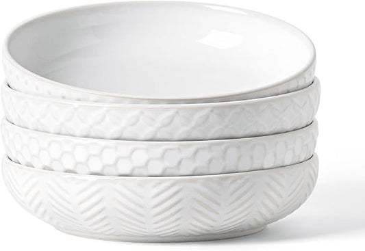 Embossed Ceramic Pasta Bowls Set of 4 – Medium 7.5-Inch, 26oz Serving Bowls for Pasta, Salad, Fruit – Stackable, Microwave & Dishwasher Safe – Great Gift for Housewarming or Everyday Use
