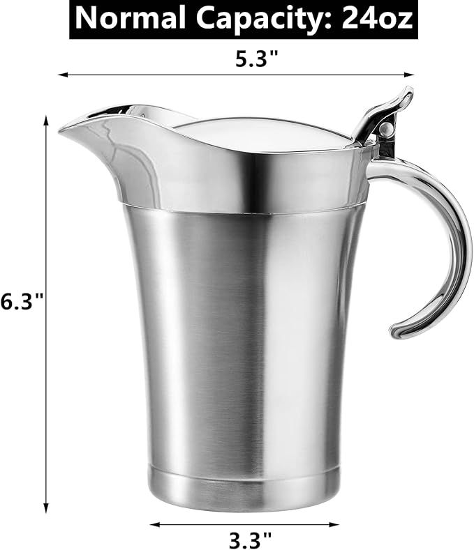 Peohud Gravy Boat, 304 Stainless Steel Double Insulated Sauce Jug with Hinged Lid, 24 Oz Gravy Warmer Pitcher for Home and Kitchen