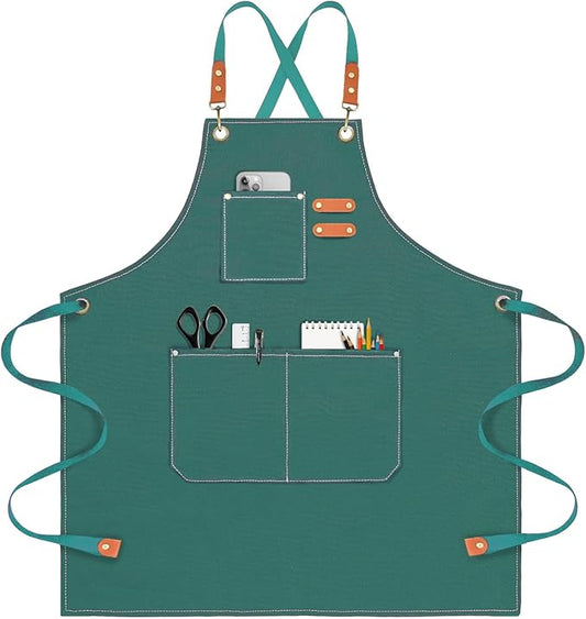Chef Apron for Men Women Canvas Aprons with 3 Pockets Cross Back Resistant Work Apron for Cooking