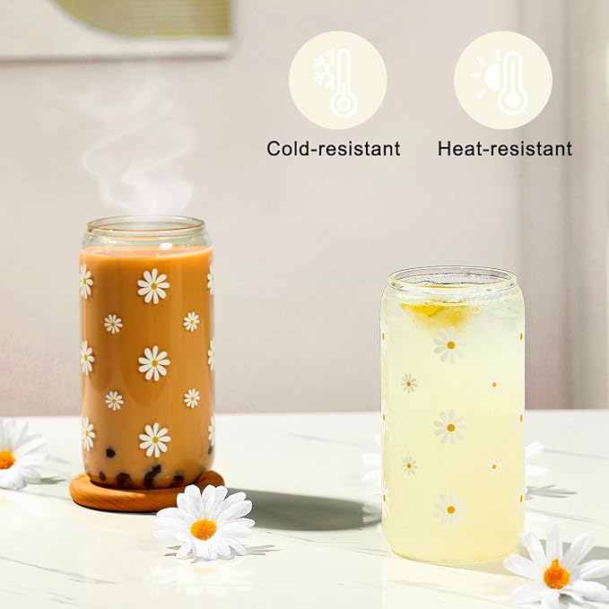 Cute Glass Cups with Lids and Straws, Teen Girl Birthday Gifts Daisy Iced Coffee Cup, Beige Aesthetic Mug Tumbler for Birthday Mothers Day Christmas Valentines Coffee Lover 16oz