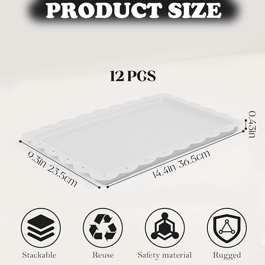 Food Tray, 12 Pack Serving Tray Serving Platter Cookies Dessert Plates,Disposable Plastic Serving Trays Rectangle Dessert Trays for Party, Wedding, Restaurant, 14.4" X 9.3" (White)