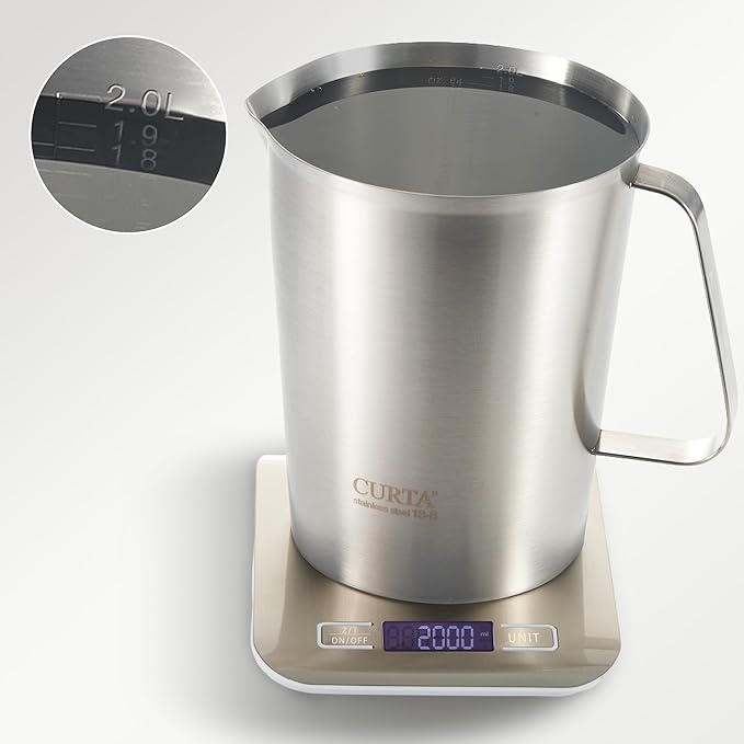 CURTA 18/8 Stainless Steel Measuring Cup with Handle and Pour Lip, Metal Pitcher with Oz and ML marking, 64OZ/2 Liter- 8 Cup), Heavy-Duty Pitcher