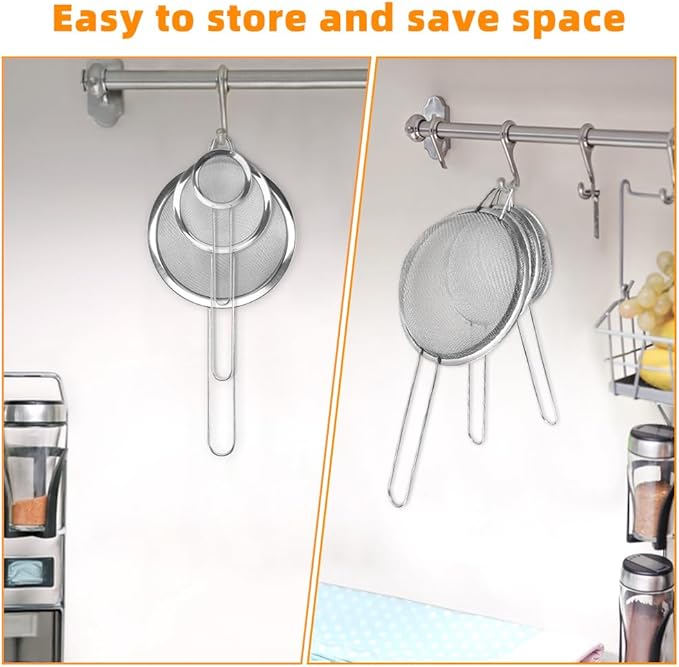 CEYAZYE Fine Mesh Strainers Set, 304 Stainless Steel Colander, Sifter, Sieve with Hanging Handle Design, Suitable for Sifting, Filtering Tea, Food, Juice, Pasta, Flour in Kitchen (3 Size)