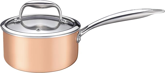KC-Emier 1-Quart Saucepan with Lid, Tri-Ply Stainless Steel Pot with Stay-Cool Handle & All Cooktop Compatibility (Gas, Ceramic, Electric) - Copper