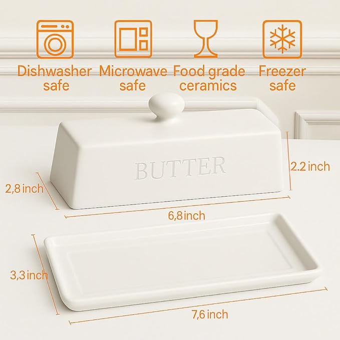 Butter Dish with Lid,WERTIOO Butter Dish With Lid for Countertop,7.6" x 3.3" Butter Tray,Butter Holder for 1 Stick.Textured Tray Butter Keeper for Non Slip Storage,Ceramic - White