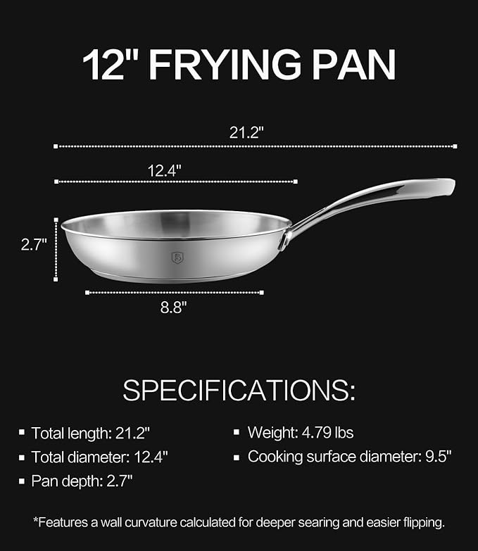 12 Inch Stainless Steel Pan, 5-Ply Clad Base 800℉ Safe Stainless Steel Frying Pan for Even Heating, Premium Cookware for Induction, Gas, Electric&Oven