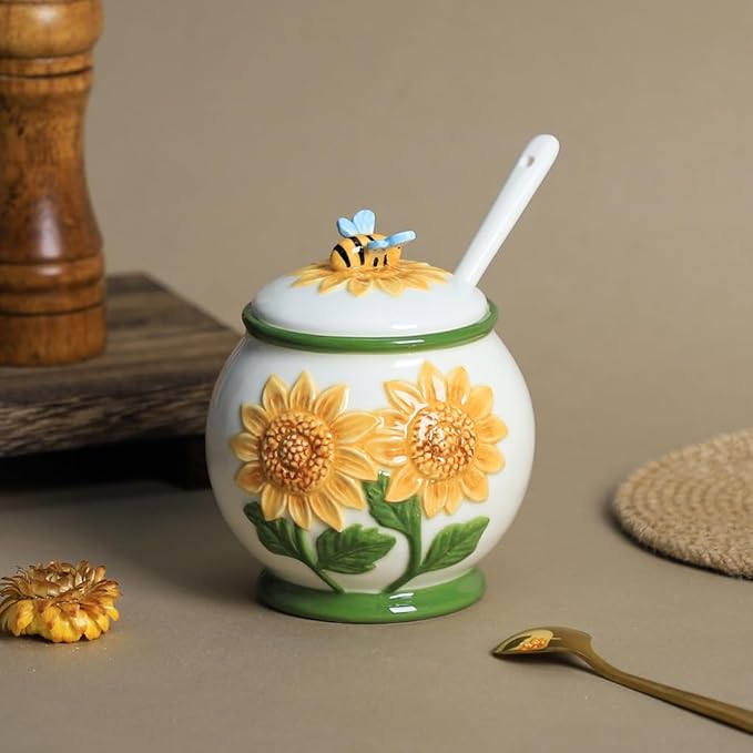 WAIT FLY Embossed Sunflower and Bee Ceramic Sugar Bowl with Lid and Spoon, Sugar Container, Sugar Jar for Kitchen Countertop, Coffee Bar-A