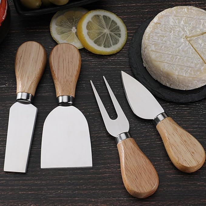 4-Piece Set of Stainless Steel Cheese Knives with Wood Hand, Including Cheese Slicer and Cheese Cutters, Essential Cheese Tools for the Kitchen (Oak handle, Black)