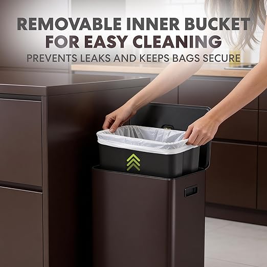 Simpli-Magic Infinity Edge 60 Liter / 16 Gallon Rectangular Hands-Free Extra Large Kitchen Step Trash Can, Soft-Close Single Lid Recycling Bin, Stainless Steel, Brown, 79682