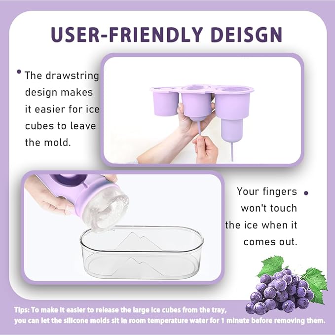 2PC Ice Mold for Stanley Cup 30/40 Oz - Easy Fill and Release Without Touching Ice, Silicone Ice Cube Tray with Clear Lid and Bin for Freezer, Whiskey, Cocktail (Purple+Purple)