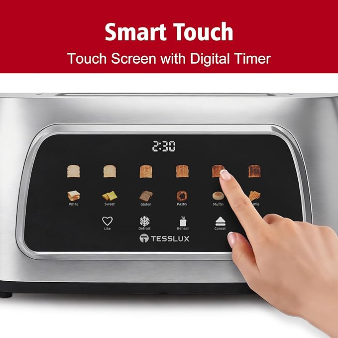 Tesslux 4 Slice Toaster with Touch Screen Control, 1.5" Wide Long Slots, 6 Browning Levels & 6 Bread Types, Digital Timer, Memory, Defrost, Reheat (SILVERY)