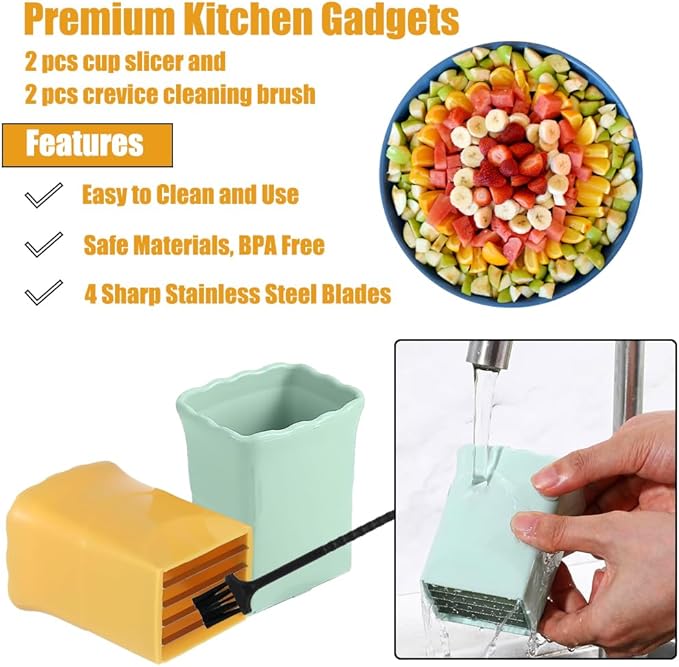 2 Pack Strawberry & Egg Slicer, Sharp Stainless Steel Blade Cup Slicer for Soft Fruits - Banana, Kiwi - Quick Fruit Salad Maker (Yellow & Green)