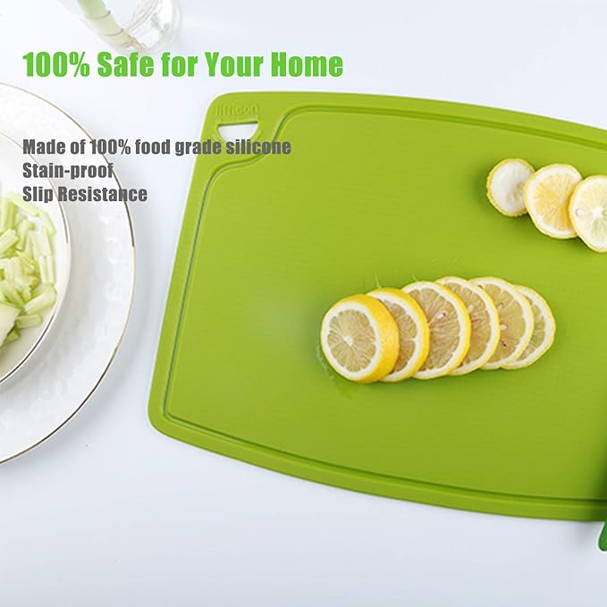 Liflicon Silicone Thick Cutting Boards Mats Set of 3 Foldable & Flexible Design Juice Grooves Easy Grip Handle Dishwasher Safe for Kitchen,BPA free Silicone Cutting Board-Green