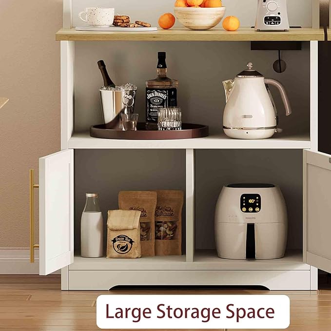 IDEALHOUSE Bakers Rack with Storage Cabinet, Microwave Stand with Power Outlets, Farmhouse Bakers Rack with Thick Table Top, Small Kitchen Bakers Rack for Kitchen,Dining Room,White & Peer Wood